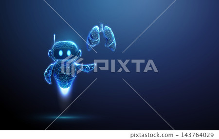 3D blue robot with human lungs in hand. Pulmonology, respiratory health, telemedicine, health monitoring app, diagnosis, artificial intelligence, breathing concept 3D blue robot with human lungs in hand. Pulmonology, respiratory health, telemedicine, health monitoring app, diagnosis, artificial intelligence, breathing concept 143764029