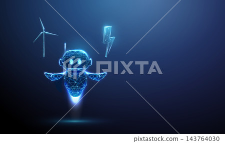 3D blue robot with wind turbine and lightning in hands. Artificial intelligence, green energy, renewable power, electricity, clean generation, sustainability concept 3D blue robot with wind turbine and lightning in hands. Artificial intelligence, green energy, renewable power, electricity, clean generation, sustainability concept 143764030