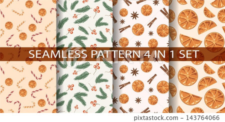 Christmas seamless patterns vector elements set. Cozy eco winter holiday background bundle with branch berries cinnamon star anise and orange Christmas seamless patterns vector elements set. Cozy eco winter holiday background bundle with branch berries cinnamon star anise and orange 143764066