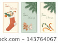 Christmas stories banners template set with copy space. Minimalist winter holiday vertical layouts collection with pine branches and gingerbread 143764067