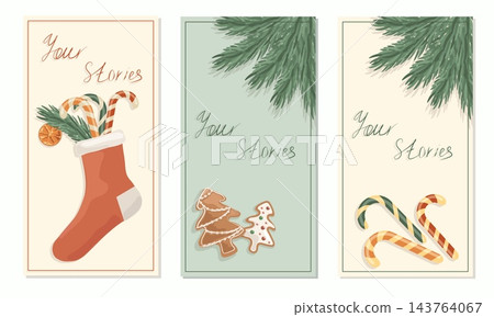 Christmas stories banners template set with copy space. Minimalist winter holiday vertical layouts collection with pine branches and gingerbread Christmas stories banners template set with copy space. Minimalist winter holiday vertical layouts collection with pine branches and gingerbread 143764067
