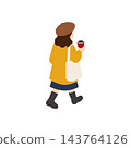 一幅等距插圖，描繪了一位身著冬裝的女子手持飲料行走的背影。 143764126