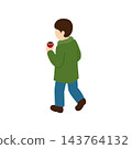 一幅等距插圖，描繪了一位身穿冬裝的男子手持飲料行走的背影。 143764132