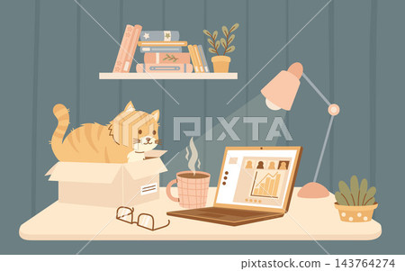 Night Remote Work with Cat in Box at Desk. Cute Ginger Pet, Laptop Video Call Conference, Desk Lamp, Hot Coffee Mug, Bookshelf, and Houseplant. Cozy Home Office. Vector Flat Illustration. Dark Mode 143764274