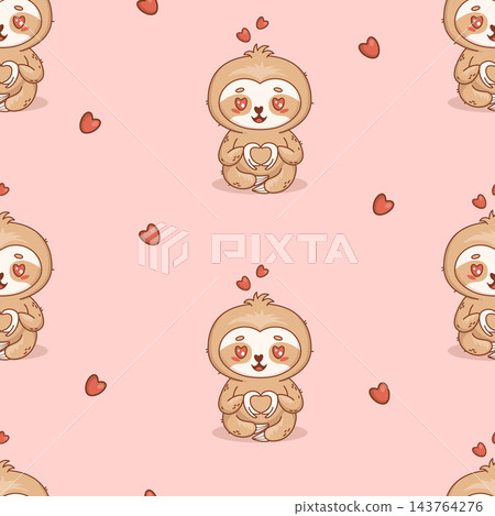 Cute Kawaii In Love Sloth with Heart Eyes and Paw Gesture Seamless Pattern. Adorable Romantic Little Baby Animal Character on Pink Background. Vector Illustration for Valentine Day Celebration Design. Cute Kawaii In Love Sloth with Heart Eyes and Paw Gesture Seamless Pattern. Adorable Romantic Little Baby Animal Character on Pink Background. Vector Illustration for Valentine Day Celebration Design. 143764276