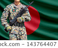 Bangladesh flag with soldier holding assault rifle 143764407
