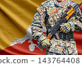 Bhutan flag with soldier holding assault rifle 143764408