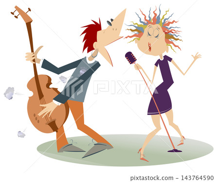 Couple musicians, singer woman and guitar player man isolated illustration. Expressive duet of woman with a microphone and guitar player man isolated on white illustration Couple musicians, singer woman and guitar player man isolated illustration. Expressive duet of woman with a microphone and guitar player man isolated on white illustration 143764590