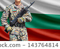 Bulgaria flag with soldier holding assault rifle 143764814