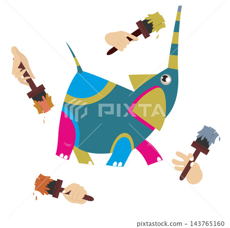 Hands with brushes and multicolored elephant illustration. Many hands with brushes paint an elephant using many colors isolated on white illustration Hands with brushes and multicolored elephant illustration. Many hands with brushes paint an elephant using many colors isolated on white illustration 143765160