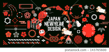 Japanese-style illustration materials for New Year's greeting cards. 143765600