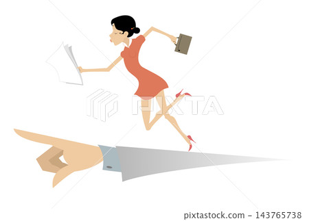 Running business woman and hand points the direction to go illustration. Hand points the direction where to go to a business woman with bag and papers isolated on white Running business woman and hand points the direction to go illustration. Hand points the direction where to go to a business woman with bag and papers isolated on white 143765738