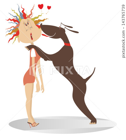 Confused young woman and a dog illustration. Funny dog licks his confused master woman isolated on white	 143765739
