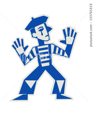 Retro circus mime vector illustration. Street performer or sad clown character portrait in striped shirt. Vintage carnival mascot icon with decorative border isolated on white background Retro circus mime vector illustration. Street performer or sad clown character portrait in striped shirt. Vintage carnival mascot icon with decorative border isolated on white background 143765819