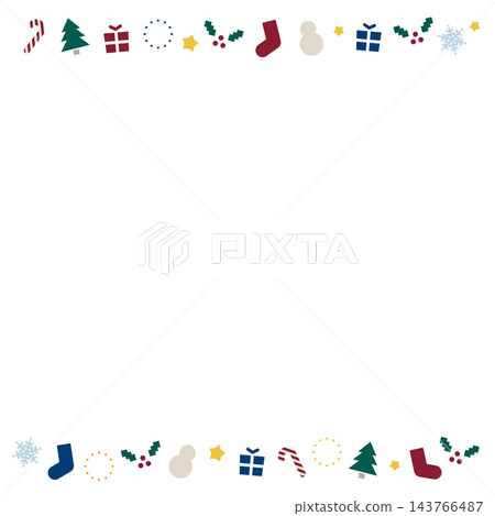 A simple and cute line frame with Christmas decorations. Features presents, a snowman, a tree, and holly against a white background. 143766487