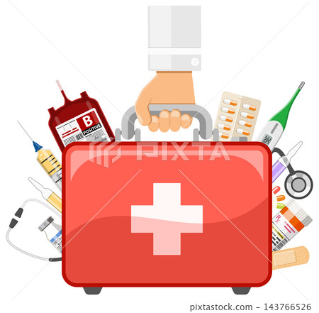 first aid kit in doctor hand first aid kit in doctor hand 143766526