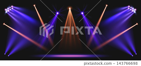 Violet and orange stage spotlight beams illuminate Violet and orange stage spotlight beams illuminate 143766698
