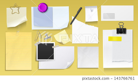 Realistic paper sheets with tapes and stationery. Realistic paper sheets with tapes and stationery. 143766761