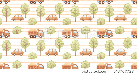 Watercolour seamless pattern with cute fire truck, car, trees. Striped repeating backdrop for kids carpet and baby fabric, boy motif Watercolour seamless pattern with cute fire truck, car, trees. Striped repeating backdrop for kids carpet and baby fabric, boy motif 143767728