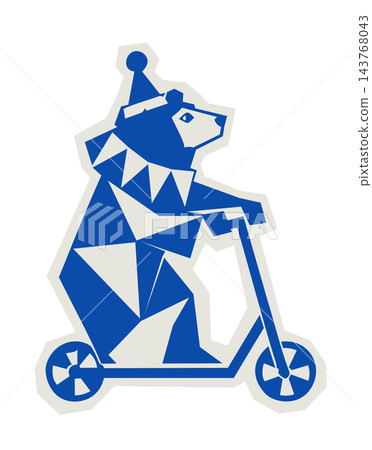 Retro circus bear on scooter vector illustration. Trained grizzly bear character riding a kick scooter. Vintage carnival animal mascot icon with decorative border isolated on white background Retro circus bear on scooter vector illustration. Trained grizzly bear character riding a kick scooter. Vintage carnival animal mascot icon with decorative border isolated on white background 143768043