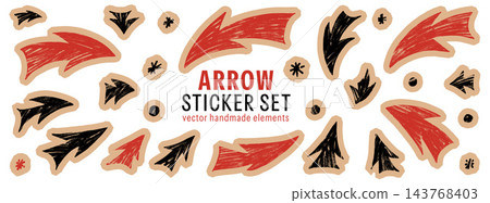 Arrow cutout set in red and black with beige paper borders. Rough crayon texture across curved pointers with dots and asterisks. Retro vector collection for scrapbook page or zine layout Arrow cutout set in red and black with beige paper borders. Rough crayon texture across curved pointers with dots and asterisks. Retro vector collection for scrapbook page or zine layout 143768403