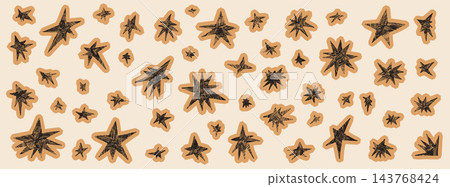 Angular crayon papercut stars with torn edges for diary collage. Beige scrapbook doodles and sketchy cutout shapes scattered in a journal set. Vector star elements isolated on beige background Angular crayon papercut stars with torn edges for diary collage. Beige scrapbook doodles and sketchy cutout shapes scattered in a journal set. Vector star elements isolated on beige background 143768424