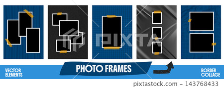 Frame picture set with five taped snapshot photo layouts. Blueprint grids and black textures with borders and tape. Vector frame picture collection for scrapbook layout or mood board gallery design Frame picture set with five taped snapshot photo layouts. Blueprint grids and black textures with borders and tape. Vector frame picture collection for scrapbook layout or mood board gallery design 143768433