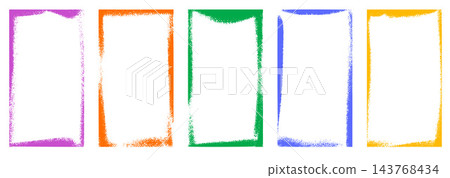 Frame grain set with five vertical rectangles and pastel texture. Violet orange green blue and yellow speckled noise shades each edge. Vector frame set for presentation slide or infographic design 143768434
