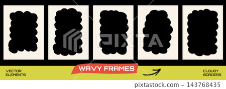 Wavy frame with scallop border for cute photo card and fun retro post. Hand drawn cloudy shape and bumpy bubble outline in bold vibe. Vector wave frames set isolated for collage or scrapbook and promo Wavy frame with scallop border for cute photo card and fun retro post. Hand drawn cloudy shape and bumpy bubble outline in bold vibe. Vector wave frames set isolated for collage or scrapbook and promo 143768435