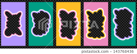 Photo frame set with funky border for cute story post and fun retro card. Scalloped cloud shape with wavy doodle contour and groovy flair. Vector photo frames isolated on checkered background as png Photo frame set with funky border for cute story post and fun retro card. Scalloped cloud shape with wavy doodle contour and groovy flair. Vector photo frames isolated on checkered background as png 143768436