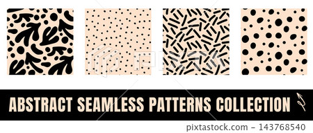 Retro seamless pattern collection with organic coral shapes and polka dots. Black silhouettes and chaotic dash lines on beige for modern textile. Trendy vector set with seamless doodle pattern tiles Retro seamless pattern collection with organic coral shapes and polka dots. Black silhouettes and chaotic dash lines on beige for modern textile. Trendy vector set with seamless doodle pattern tiles 143768540