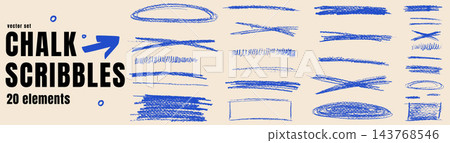 Pencil markup with underline and crayon doodle marks for emphasis. Blue set with oval frames, rectangle and crossed lines. Hand drawn vector accents for lesson slide or workbook layout or callout tag 143768546