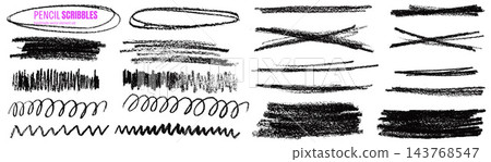 Text highlight with pencil underline and charcoal doodle marks. Black set with ovals, loops, crossed lines and rough crayon texture. Hand drawn vector accents for lesson slide or workbook layout Text highlight with pencil underline and charcoal doodle marks. Black set with ovals, loops, crossed lines and rough crayon texture. Hand drawn vector accents for lesson slide or workbook layout 143768547