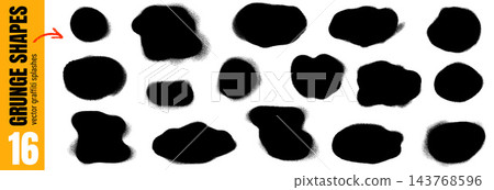 Grunge spray paint spots with drip texture for street art. Black spray patch oval shapes in organic ink on white. Textured vector paint splotch collection for promo and invitation banner isolated Grunge spray paint spots with drip texture for street art. Black spray patch oval shapes in organic ink on white. Textured vector paint splotch collection for promo and invitation banner isolated 143768596