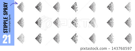Mist and spray icon set with stipple bursts. Black dots form triangular aerosol clouds with varied grain. Vector mist spray collection for sticker sheet or scrapbook design or promo decoration 143768597