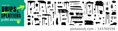 Spray ink paint with graffiti drips and splatter marks. Black collection with rough swipes, long trails and dotted lines. Grunge vector elements for concert poster or streetwear print design Spray ink paint with graffiti drips and splatter marks. Black collection with rough swipes, long trails and dotted lines. Grunge vector elements for concert poster or streetwear print design 143768599