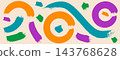 Paint brush set of smooth spiral arcs and splotch marks. Orange teal and purple vector paint curls sit on light bg. Every paintbrush squiggle stays crisp for social media post or presentation slide 143768628