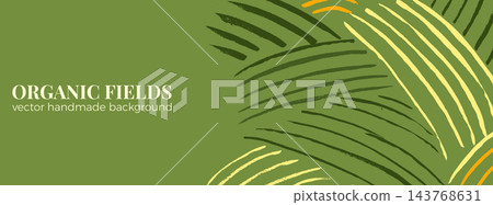 Tea matcha field background with green, cream and yellow brush lines. Curved crop rows at right on an olive ground with copy space. Aerial vector backdrop for tea website banner or product advert Tea matcha field background with green, cream and yellow brush lines. Curved crop rows at right on an olive ground with copy space. Aerial vector backdrop for tea website banner or product advert 143768631