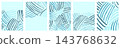 Wave sea background set with curved blue brush lines on pale cyan. Vertical layouts with striped arcs and copy space. Abstract vector collection for beach poster or social media carousel or story 143768632