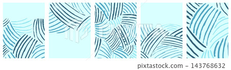 Wave sea background set with curved blue brush lines on pale cyan. Vertical layouts with striped arcs and copy space. Abstract vector collection for beach poster or social media carousel or story Wave sea background set with curved blue brush lines on pale cyan. Vertical layouts with striped arcs and copy space. Abstract vector collection for beach poster or social media carousel or story 143768632