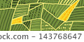 Wine field background with green and yellow plots in a sketched patchwork. Dotted crop rows and rough hatching in an aerial landscape. Rural vector illustration for bottle label or farm brochure 143768647