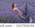 Lavender woman flower, beautiful young woman sitting in blooming lavender fields enjoying peaceful summer vacation in Provence France 143769248