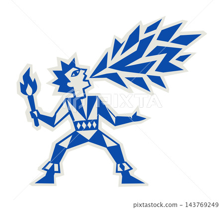 Retro circus fire breather vector illustration. Fakir or stunt performer blowing geometric flames. Vintage carnival character icon with decorative border isolated on white background 143769249