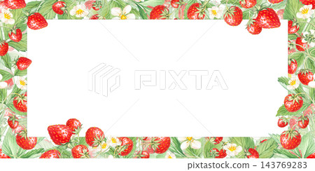 Strawberry rectangular frame border with white flowers, leaves and empty space center. Hand drawn watercolor botanical illustration isolated element. Background design for tea packaging clip art Strawberry rectangular frame border with white flowers, leaves and empty space center. Hand drawn watercolor botanical illustration isolated element. Background design for tea packaging clip art 143769283