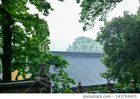 Close-up of the traditional, Chinese classic roof of Chinese building with trees. Chinese historical building with Chinese garden. Travel and nature scene. Building exterior. 143769403