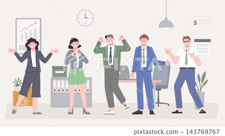 Corporate business team. Office characters at work. Working day, start up, young entrepreneurs and investment reports, charts, incomings, vector concept 143769767
