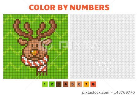 Christmas deer color by number. Coloring page with colors samples and numbers. Funny new year animal in scarf. Winter seasonal children play, vector template 143769770