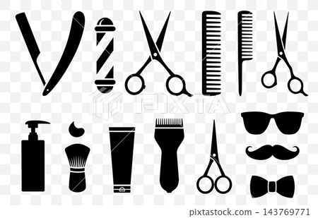 Barber tools icon set, hairstylist equipment, scissors and razor, comb and beard grooming bundle Barber tools icon set, hairstylist equipment, scissors and razor, comb and beard grooming bundle 143769771