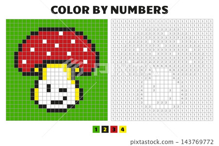 Children mosaic coloring template. Color by numbers with pixelated mushroom character. Simple puzzle game for toddler, nature vector design 143769772