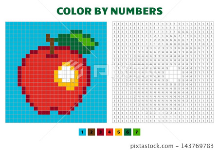 Apple mosaic color by numbers. Coloring page simple design for toddlers. Pixelated element and colors samples. Children puzzle game, vector template 143769783